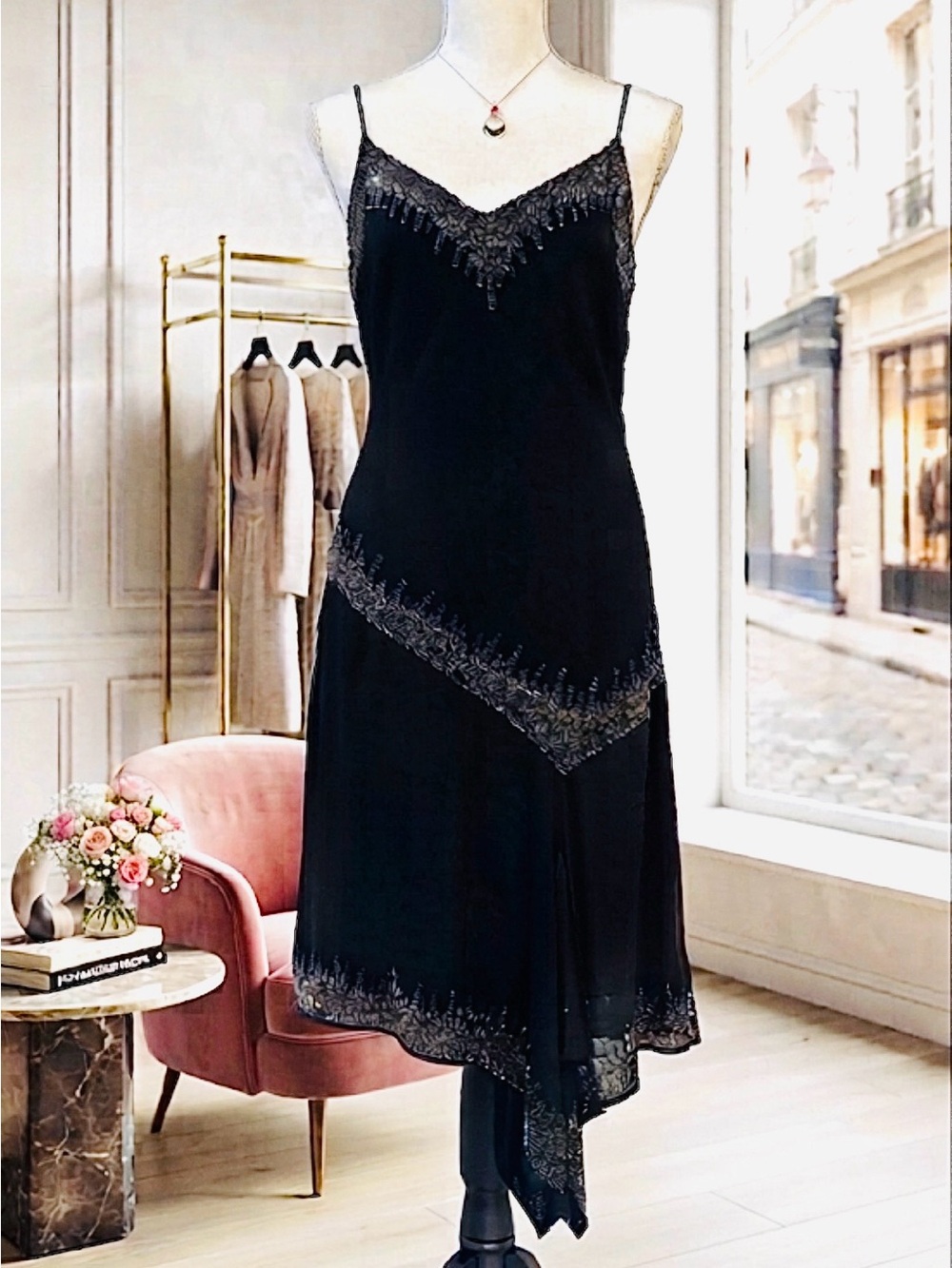 J KARA Vintage Black Asymmetrical Dress Circa 1990 with Silver Embellishments